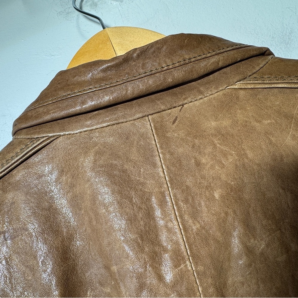 Y2K Danier Brown Leather Utility Jacket Snap Front Stand Collar Size Small - Picture 9 of 16